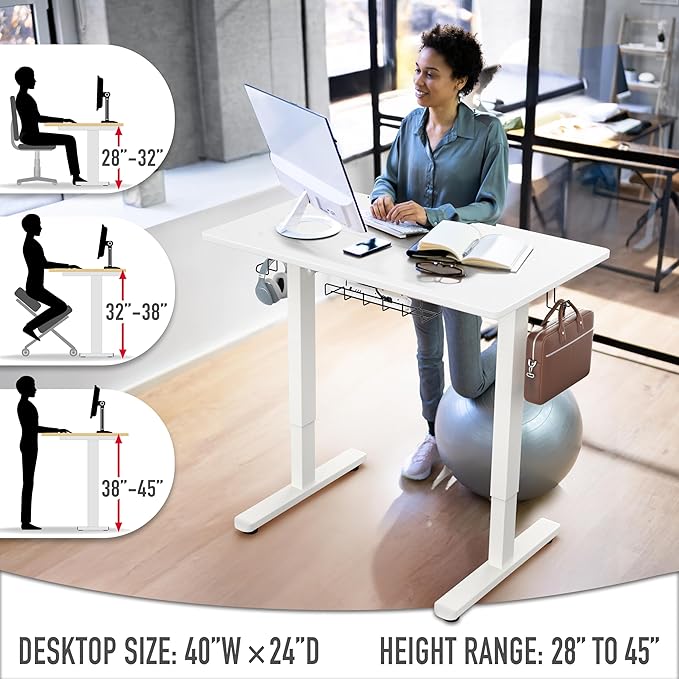 SHW 40-Inch Electric Height Adjustable Standing Desk with Drawer, Memory Preset and Cable Management Tray, White