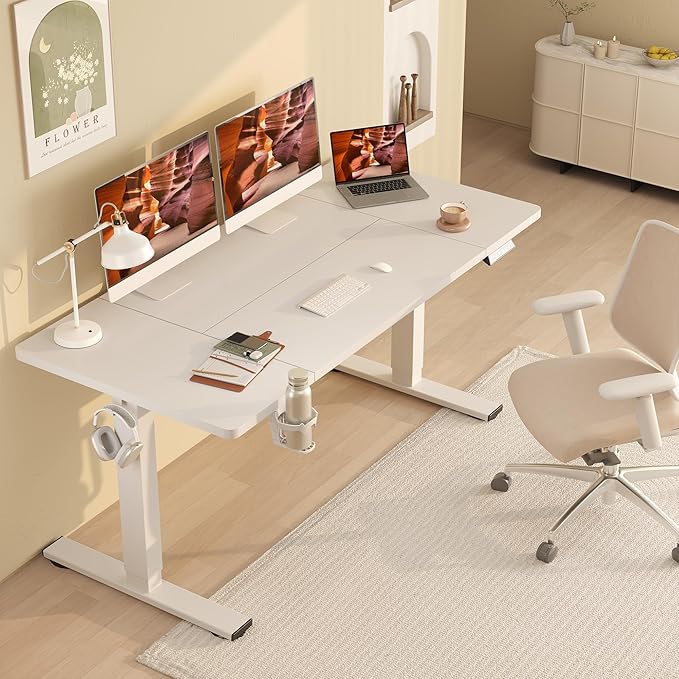 FitStand Adjustable Standing Desk, Large 79x31 Inches Standing Desk with Cable Management, Height Adjustable Home Office Computer Desk with Memory Preset& Cup Holder, White