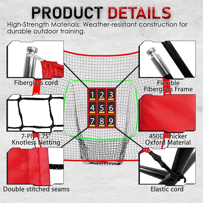 7x7ft Baseball & Softball Practice Net with Numbered Strike Zone & Batting Tee - Heavy Duty Portable Hitting Pitching Training Net for Accuracy and Swing Practice, Includes Carry Bag