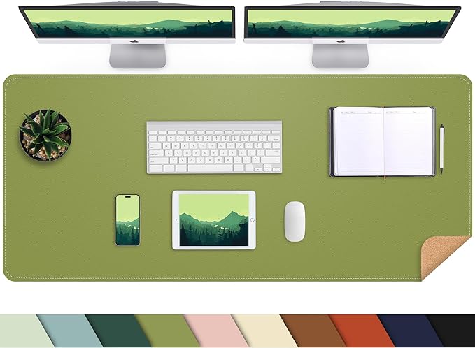 Leather Desk pad Protector, Large Desk mat with Natural Cork & PU Leather,Mouse pad,Non-Slip Office Desk Mat,Waterproof Desk Writing Pad for Office and Home (47in*23.7in, Olive Green)