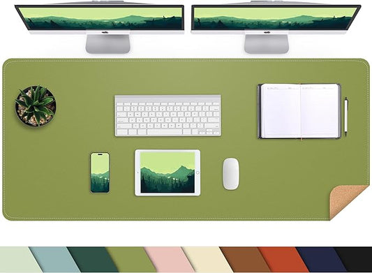 Leather Desk pad Protector, Large Desk mat with Natural Cork & PU Leather,Mouse pad,Non-Slip Office Desk Mat,Waterproof Desk Writing Pad for Office and Home (47in*23.7in, Olive Green)