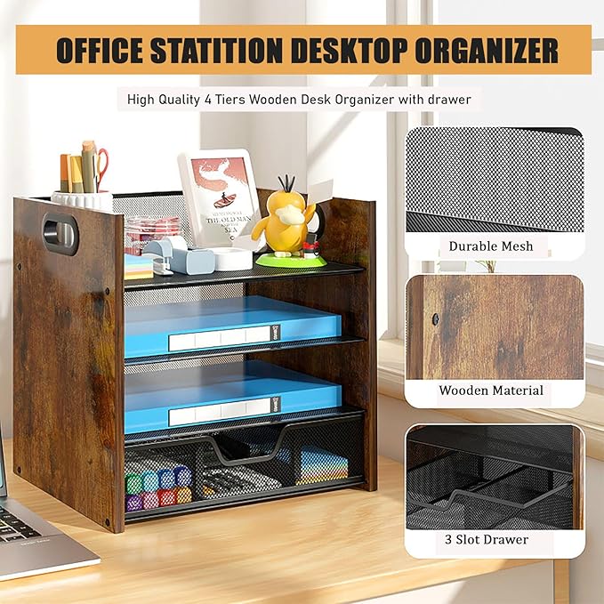 Boershun Wood Desk Organizer - 4-Tier Desktop File Organizer with Drawer, Wooden Paper Tray, Office Desk Organizer for Papers, Mail, Notebooks, Stationery