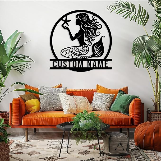 Custom Mermaid Metal Sign,Personalized Mermaid Name metal Signs,Mermaid Wall Decor,Beach Theme Decor, Girls Mermaid Room Decor,Metal Wall Decor (Style-1)
