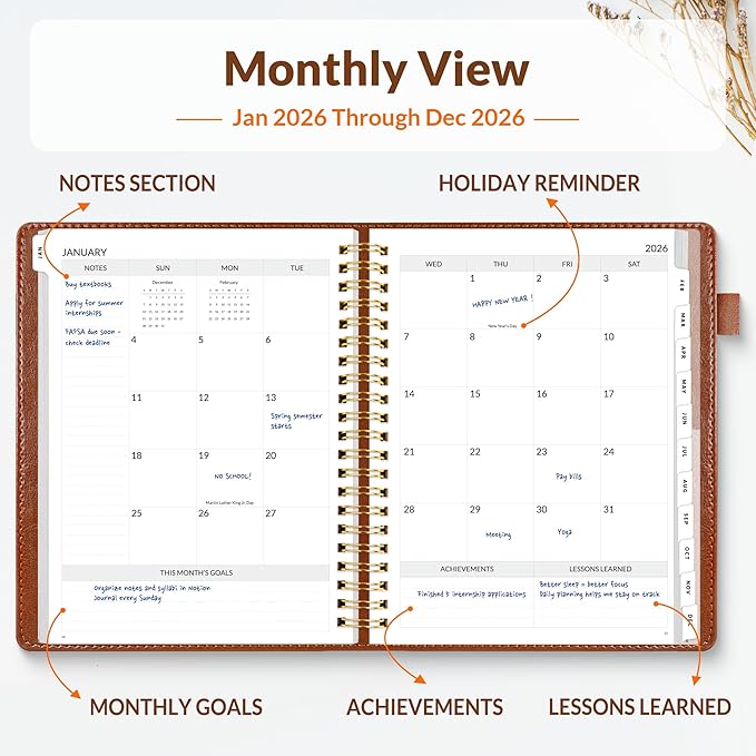 SUNEE 2026 Planner 8.5" x 11" – Dated Productivity Planner for Time Management - Daily,Weekly & Monthly Planner to Achieve Goals - Planner 2026 dated from January 2026 – December 2026,Brown