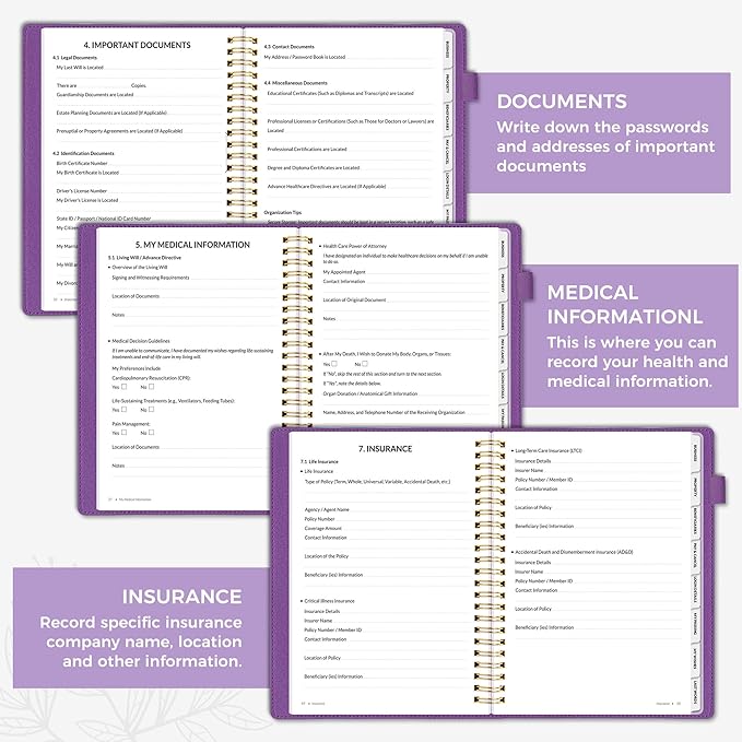 SUNEE End of Life Planner - I'm Dead Now What Planner for Seniors & Family Legacy, Large Print Spiral-Bound Estate Planning Organizer with Tabs - Final Wishes, Passwords & Funeral Planning, A4, Purple