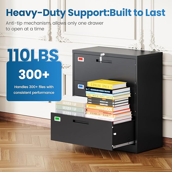 PEUKC 3 Drawer File Cabinet, Lateral Filing Cabinets for Home Office, Office Storage Drawers with Lock, Hanging Files Legal/Letter A4 Size (Assemble Required,Black)