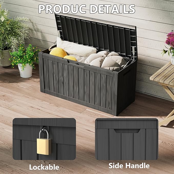 Yardgrace 100 Gallon Outdoor Storage Box Waterproof, Resin Deck Boxes with Lockable Lid & UV-Resistant for Patio, Pool, Garden Furniture Cushions & Accessories, Black