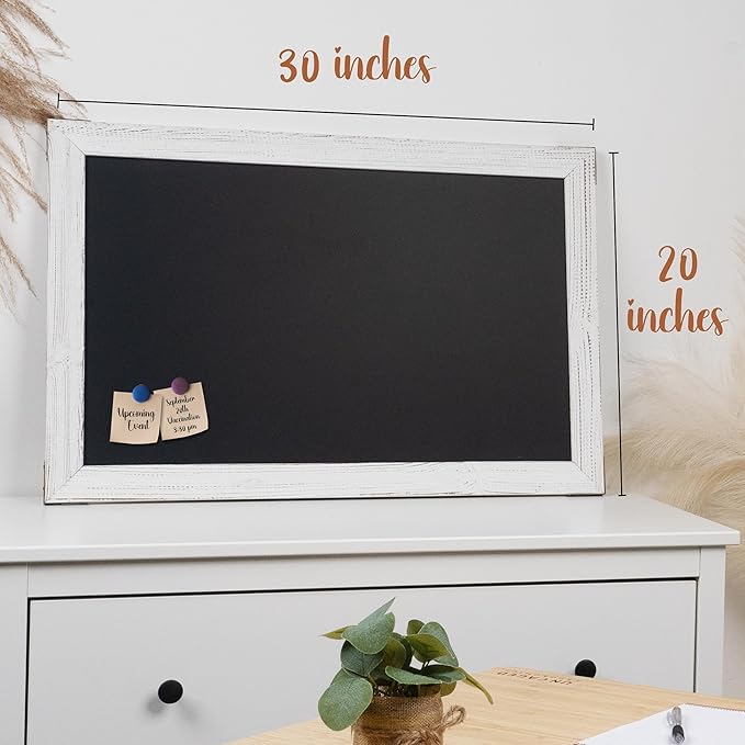 Loddie Doddie Magnetic Chalk Board - 20" x 30", White Rustic Wood Frame - Chalkboard Sign with Erasable Surface - Photo & Note Decorative Magnet Display - Easy Hang Magnetic Boards for Walls