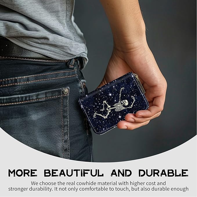 BWEGRHE Cute Credit Card Holder with Zipper, Dance Skull Skeleton RFID-Blocking Card Case Small Wallet for Women Men, Multi-slot Card Organizer Case Travel Accordion Wallet
