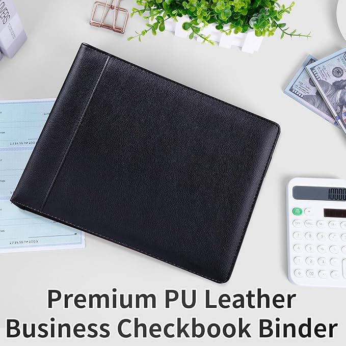 Antner 3 Ring Personal Check Binder for 3-on-a-Page End-Stub Deskbook & Personal 3 Holes or 9 Holes Small Size Checks, PU Leather Check Holder Checkbook Binder Cover with Zipper Pouch, Black