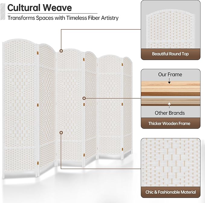 DURASPACE 6 Panel Room Divider, 6ft Tall Folding Privacy Screen, 360°Rotation, Hand-Woven Freestanding Wood Partition for Room Separation
