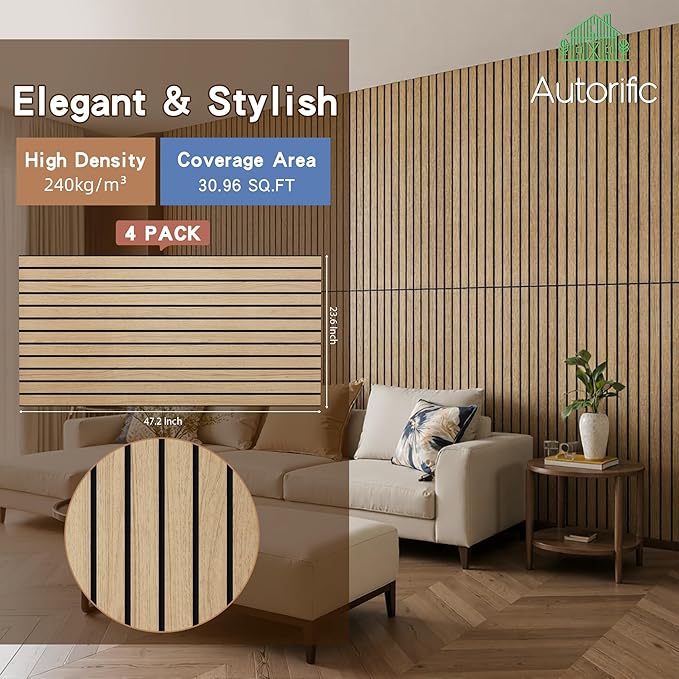 AUTORIFIC Wood Veneer Acoustic Panels, 4 Pack 47.2”x23.6” Sound Panels, Decorative Large Wood Panels for Wall, for Office,Home Theater,Studio,Living Room, Teak(Mitred)