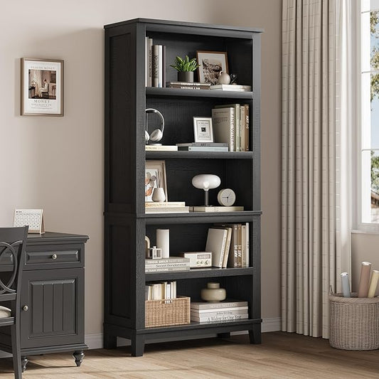IDEALHOUSE 71" Farmhouse Bookshelf w/Adjustable Shelves & 31.5 in Whidth, 5 Tier Tall Bookshelf with Wooden Legs, Vintage Wooedn Book Shelf for Living Room Office (Black, 71.3" H x 31.5" W x 11.8" D)
