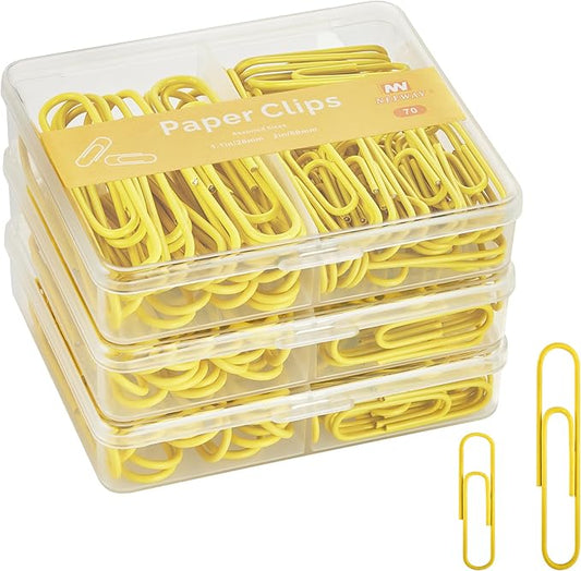 NEEWAY Colorful Paper Clips Assorted Sizes, Small and Large Paper Clips, 210 Count, 3 Pack of 70 (Yellow)
