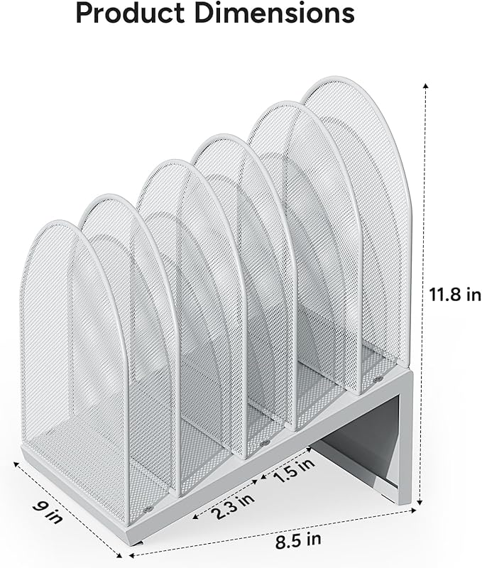 OUTIOE 5-Section Desk File Organizer, Metal Mesh Folder Organizer for Documents, Mail & Office Papers (White)