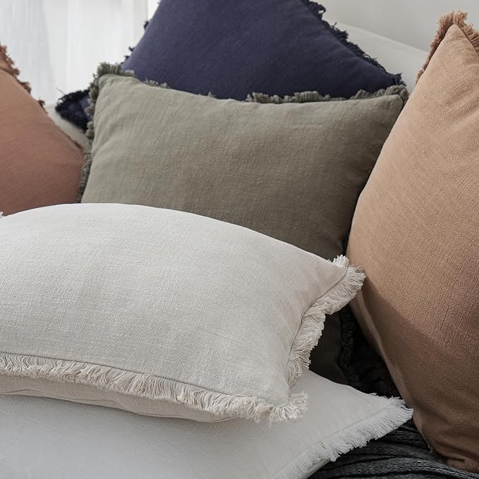 Foindtower Set of 2 Decorative Linen Fringe Throw Pillow Covers Cozy Farmhouse Boho Cushion Cover with Tassels Soft Accent Pillowcase for Couch Sofa Bed Living Room Home Decor 20×20 Inch Beige