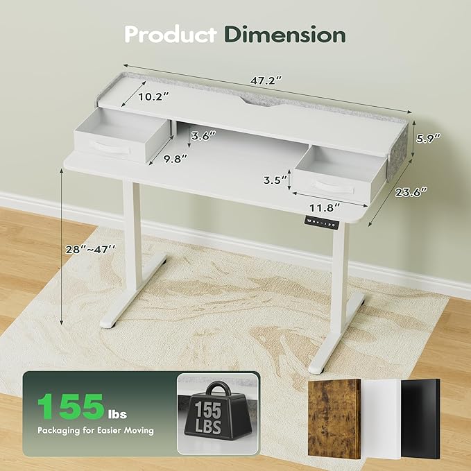 Homall Electric Standing Desk with 2 Drawers, Adjustable Height Computer Desk with Storage Sit Stand Table with Storage Shelf and Splice Board Quick Install for Home Office (White, 48 Inch)