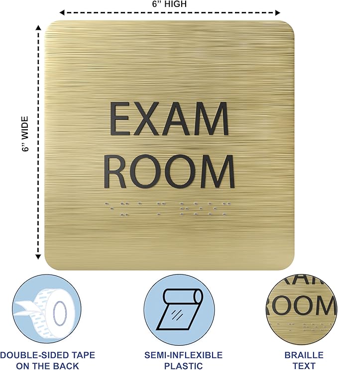 ADA CENTRAL SIGNS - 6" X6" Exam Room Sign - ADA Compliant Tactile Graphics Grade 2 Braille Text Acrylic Wall Signs - Educational Institution Directional Assistance Test Center Door Sign for Schools