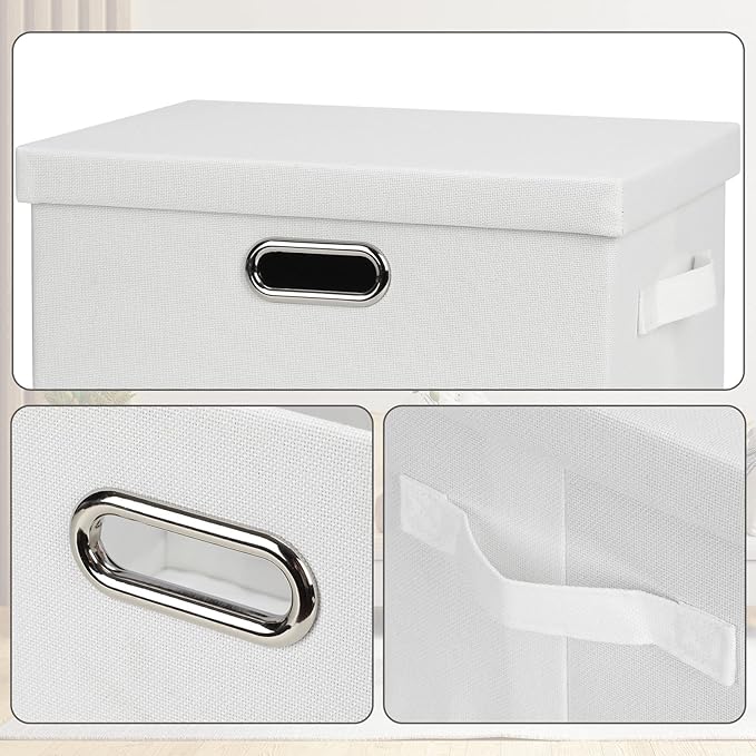 Graciadeco Medium 15" 21 Quart Collapsible Stackable Storage Bins with Lids, 1 Pack White Foldable Fabric Closet Storage Boxes with Lids, 4 Handles Heavy-duty Linen Cube Baskets for Bedroom