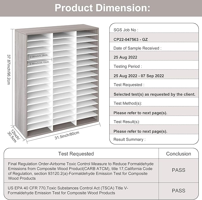 EasyPAG Wooden Literature Organizer with Adjustable Shelves, 48 Compartments Office Paper Organizer Storage 24000 Sheets Letter Size Paper, Student Mailbox for Classroom, Retro Gray/White