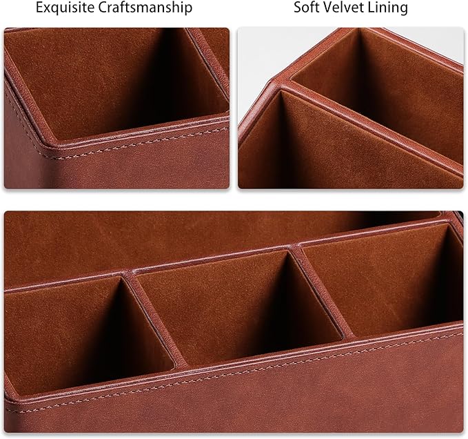 Cretkhp Remote Control Holder with 5 Compartments for Office Art Supplies, PU Leather Nightstand Organizer Pencil Pen Desk Caddy for Home, Desktop TV Remote Control Organizer Storage (Brown)