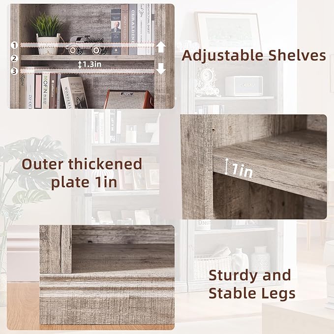 RWYHG 70" Grey Tall Bookshelf Set of 2,5-Tier Thick Wooden Book Shelf with Adjustable Shelves,Free Standing Farmhouse Bookcase with Open Display Storage,Floor Vintage Bookshelves for Living Room
