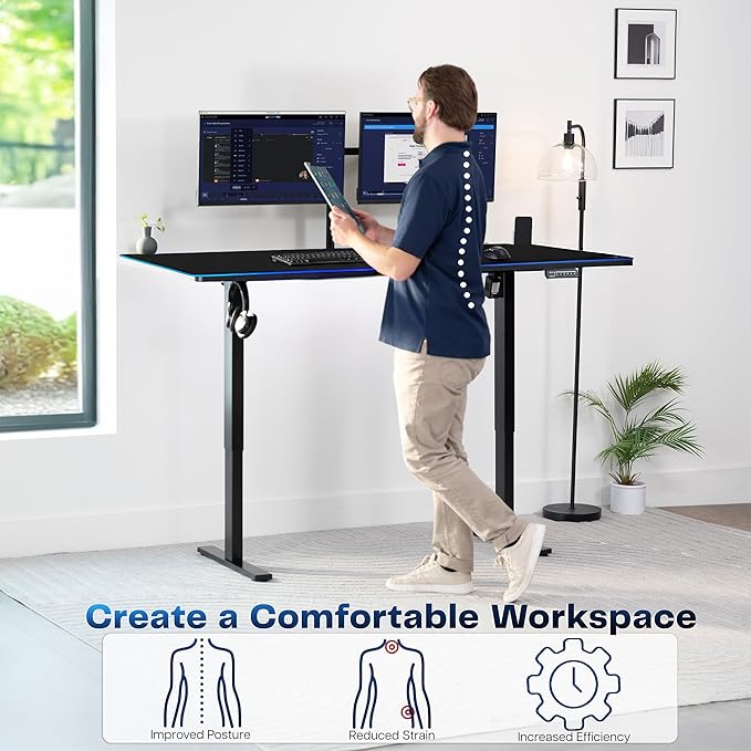 VIVO Electric 71 x 36 in Standing Desk with Full-Size RGB Mouse Pad, Memory Height Adjustment, 1B Series, Holds 220 lbs, Black Top Black Frame, DESK-KIT-1B7BP-36