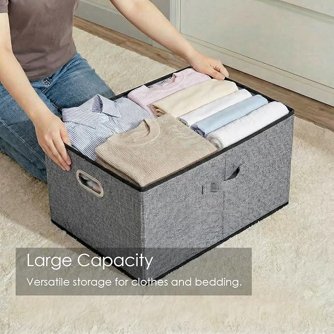 PRANDOM Storage Bins with Lids [3-Pack] Linen Fabric Foldable Storage Boxes Organizer Containers Baskets Cube with Cover for Bedroom Closet Office Grey(23.4X15.9X11.4)