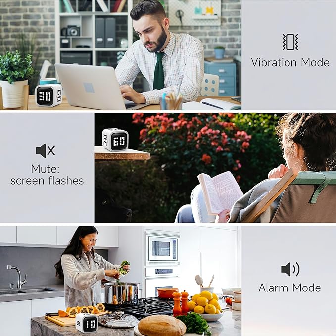 Rotating Productivity Timer 5, 10, 30, 60 Minutes Preset, Desk Cube w/Gravity Sensor for ADHD, Mute Functions, Ideal for Work, Study, Kitchen, Back to School (White)