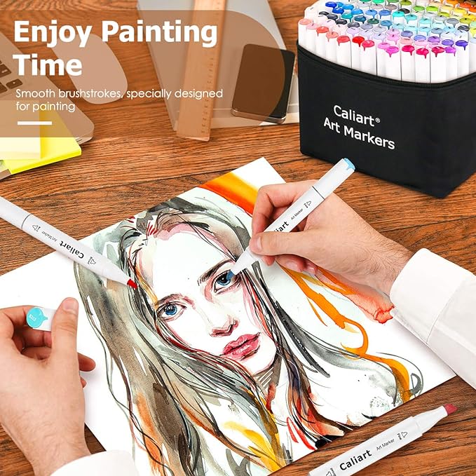Caliart Alcohol Based Markers, 52 Colors Art Marker Set Fine & Chisel Dual Tip, Permanent Colored Pens for Adults Artists Coloring Book Illustration Sketch Lettering Drawing Cards Planner