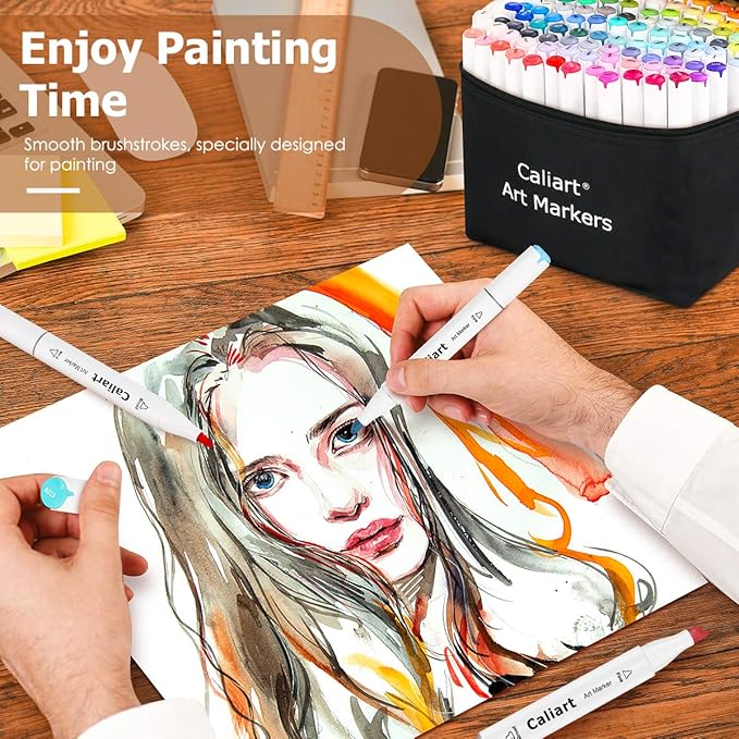 Caliart Alcohol Based Markers, 24 Colors Art Marker Set Fine & Chisel Dual Tip, Permanent Colored Pens for Adults Coloring Book Artists Illustration Sketch Lettering Drawing Cards Planner