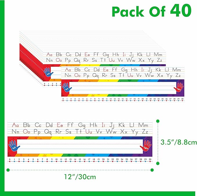 40 PCS Desk Nameplates, Waterproof Desk Name Tags with Alphabet, Number Line 1-30 Traditional Manuscript Name Plate for Classroom School Student (12” x 3.5”)