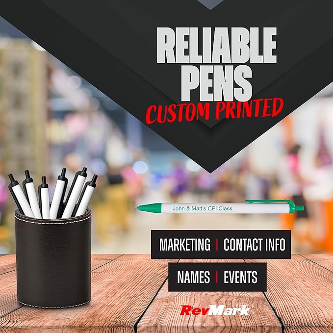 RevMark Personalized Ballpoint Pen, Custom Printed Name, Business or Event Information, Timeless Advertising, USA Made Pens, Promotional Marketing, Smooth Black Ink, Bulk Pack (Green,500 Ct.)