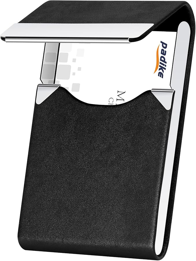 Padike Professional Business Card Holder PU Leather Business Card Case Name Card Holder Slim Metal Pocket Card Holder with Magnetic Shut (Y-Black)