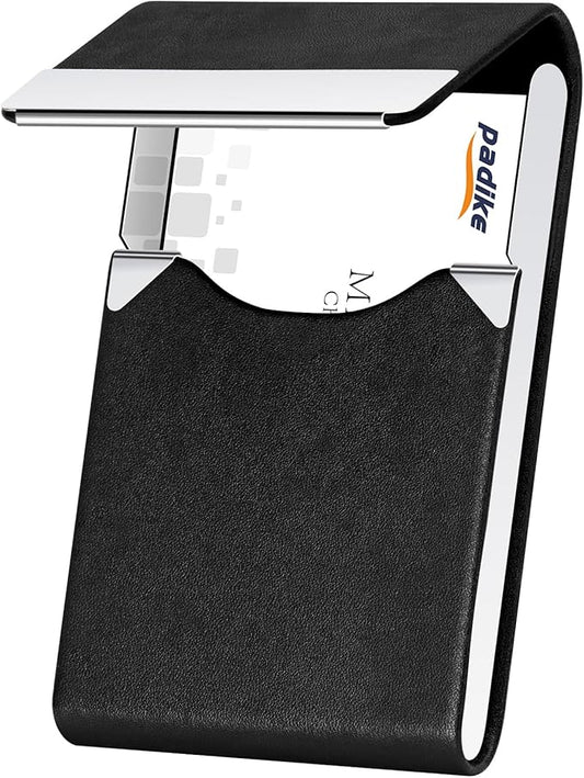 Padike Professional Business Card Holder PU Leather Business Card Case Name Card Holder Slim Metal Pocket Card Holder with Magnetic Shut (Y-Black)