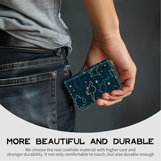 BWEGRHE Cute Credit Card Holder with Zipper, Fun Dinosaurs RFID-Blocking Card Case Small Wallet for Women Men, Multi-slot Card Organizer Case Travel Accordion Wallet