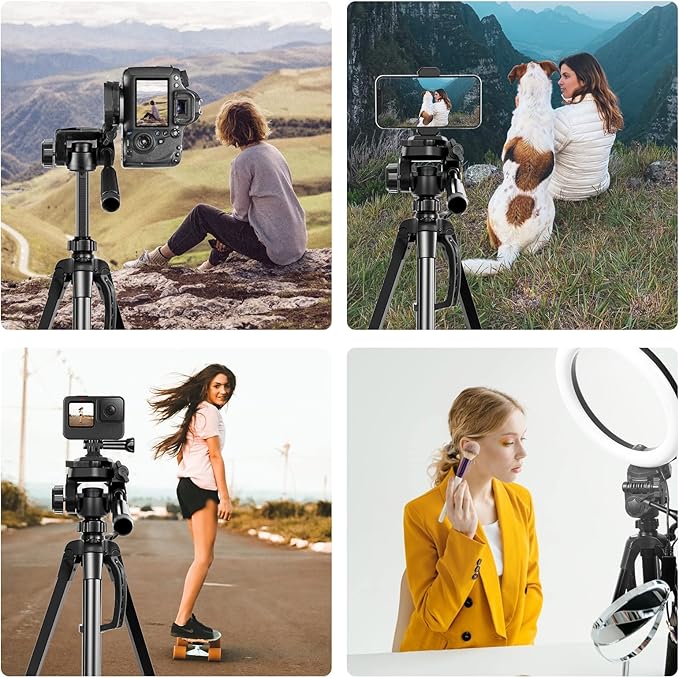 PULUZ Camera Tripod, 55"/139cm Lightweight Portable Travel Outdoor DSLR Tripods for Camera Phone Video Recording Tripod Stand, Cellphone Clip for Smartphone Live Streaming Vlog