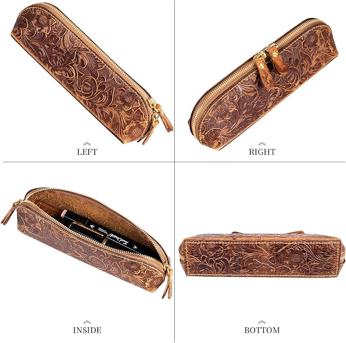 Gexmil Genuine Leather Pen Case, Full Grain Leather Pencil Holder, Hand-made Stationery Bag for Work & Office, Vintage Style, Floral Brown