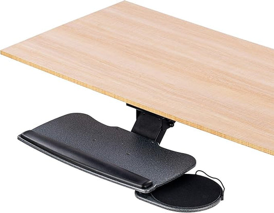 FERSGO Under Desk Keyboard Tray, 20" x 11" Tray, 17.75" Track, One Knob Control, Undermount Sliding Computer Keyboard and Mouse Tray with Wrist Rest, Swivels 360° with Adjustable Height and ±15° Tilt