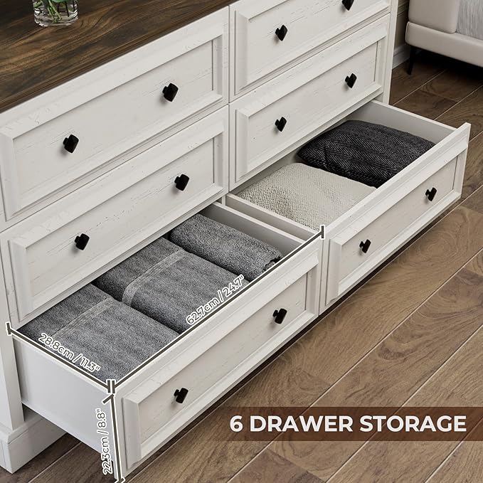 VVFLU Farmhouse 6 Drawer Dresser for Bedroom, 54" Wide Wood Dresser with Natural Texture, Rustic Chest of Drawers for Bedroom with Vintage Metal Hands, for Living Room, Hallway, Antique White