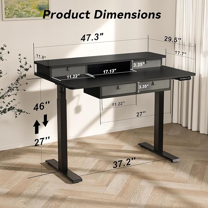 FiCiHi Adjustable Height Standing Desk with 4 Drawers,48 x 30 inches Electric Sit Stand Home Office Desk with Two Tiers, 3 Memory Presets, Monitor Stand Riser, USB A/C Charging Port