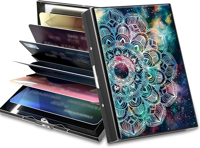 BWEGRHE Slim Credit Card Holder, Art Mandalas RFID Blocking Metal Wallet for Men & Women, Aluminum Minimalist Hard Case Pocket-Sized Business Cards Organizer (Fits Up to 10 Cards)