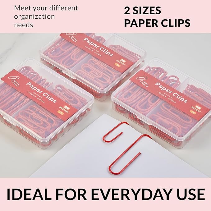 NEEWAY Colorful Paper Clips Assorted Sizes, Small and Large Paperclips, 210 Count, 3 Pack of 70 (Red)