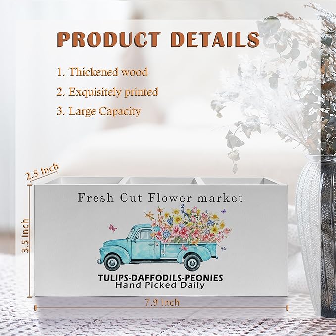 Exqcom Rustic Farmhouse Floral Truck Pen Pencil Holder, Farmhouse Office Decor, Fresh Cut Flower Market Pencil Pen Holder Organizer for Flower Shop Home Office Desk Accessories