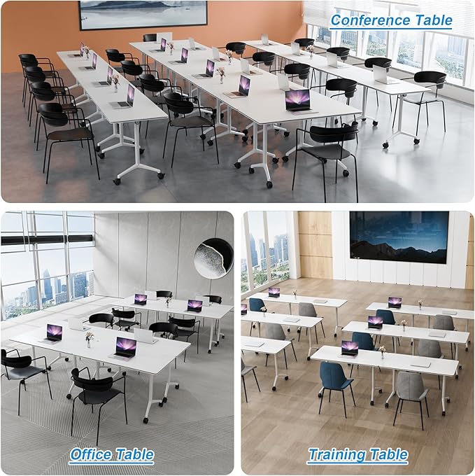 Conference Table Flip Top Mobile Conference Room Tables,Folding Conference Table with Wheels,Large Meeting Training Seminar Table Saving Space for Office Classroom (2, White, 61'')