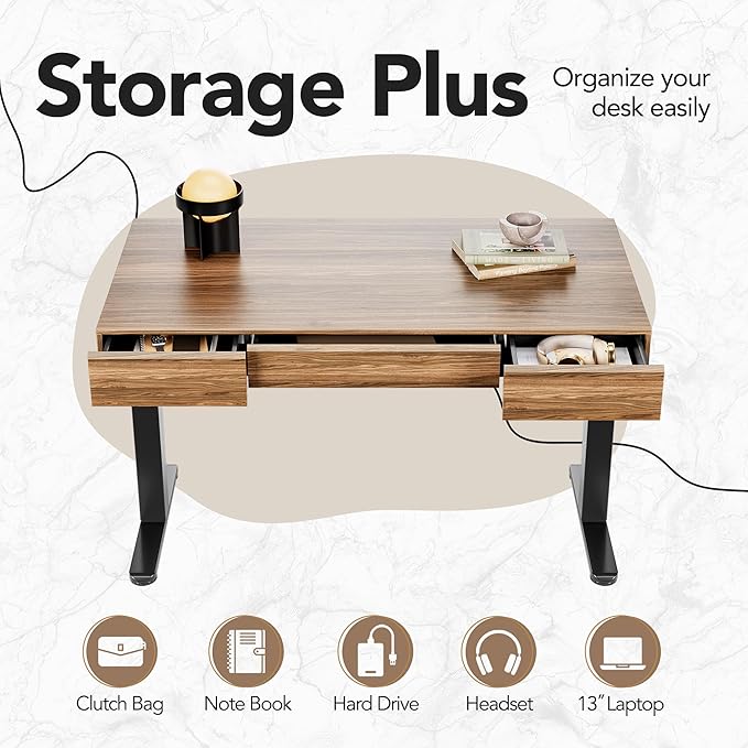 HUANUO 48 Inch Standing Desk with Drawers, Electric Adjustable Height Stand Up Desk with Storage, Whole-Piece Board Computer Workstation for Home Office, Black Walnut