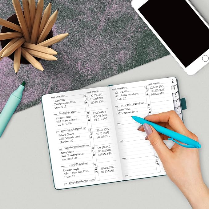 Legend Planner Address Book with Alphabetical Tabs – Mini Telephone Contacts Book for Phone Numbers, Addresses, Passwords, Small (Dark Teal)
