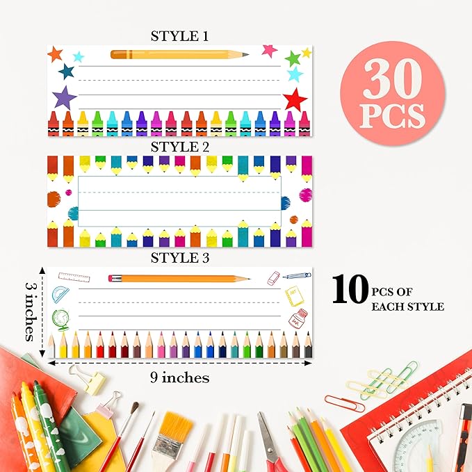 Name Tags for Students Desks, Colorful Pencils Theme Name Plates, Name Labels for School Desks, Back to School Classroom Decor, 30 Pack