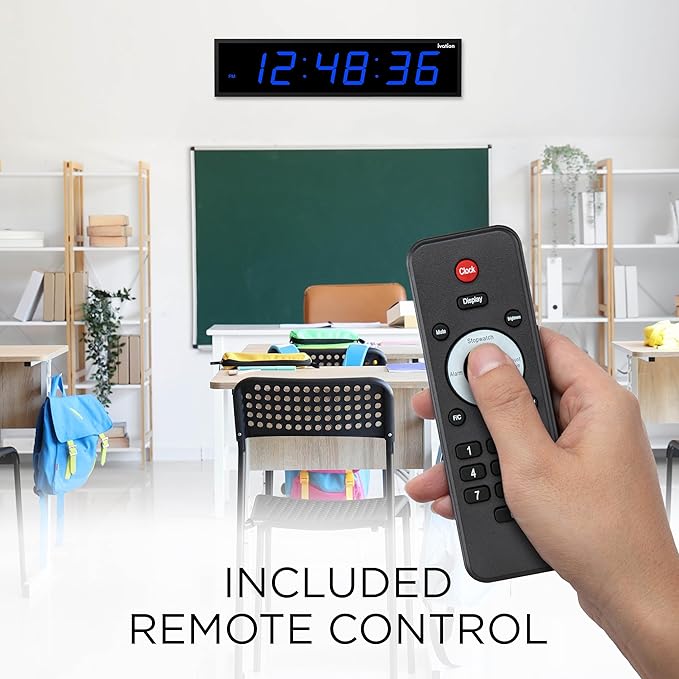 Ivation Huge Oversized 48" Large Digital LED Clock | Big Digital Clock w/Multi-Function Display – Stopwatch, Timer, Alarms, Temp & Date | 6 Brightness Levels, Time Memory & Remote (Blue)
