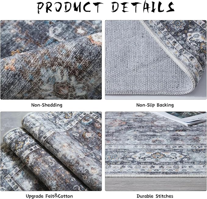 Runners for Hallways Kitchen Runner Rug Non Slip 2'x10' Long Washable Rugs with Rubber Backing Soft Vintage Carpet Runner for Hallways, Kitchen, Laundry, Bedroom, Bathroom (Grey)